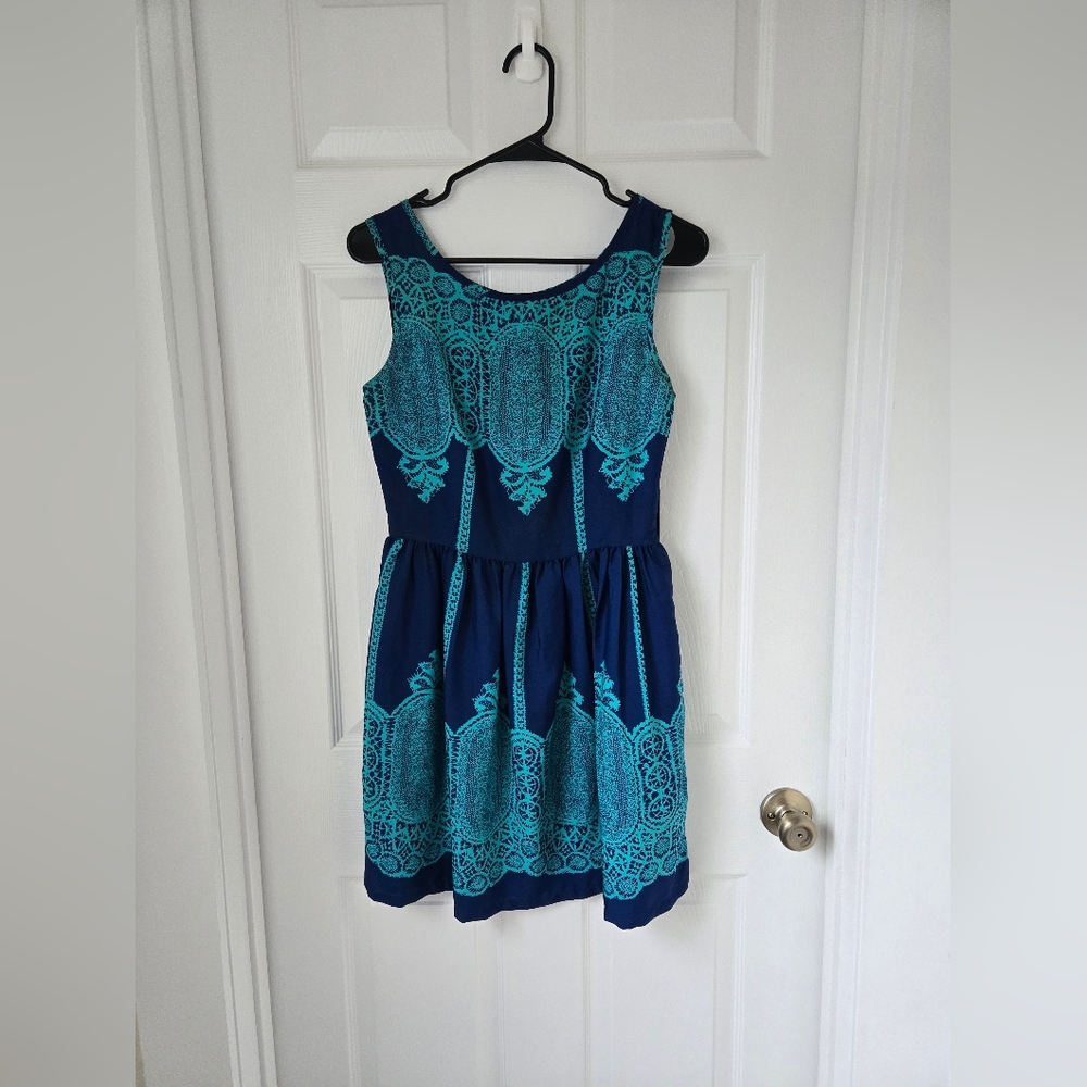 Elegant Cocktail Boatneck Blue and Teal Sleeveless Aline Small Dress